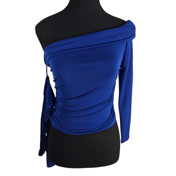 NWOT | Royal Blue Draped One Shoulder Long Sleeve Tie Top | Small - Picture 1 of 4